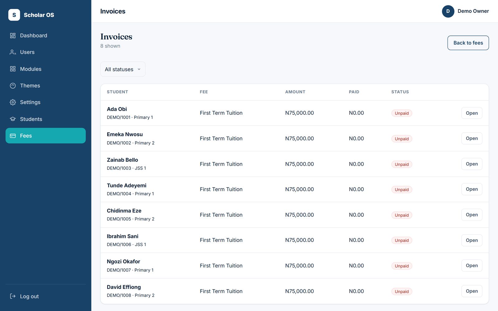 Fee invoices in a live school portal with per-student payment status