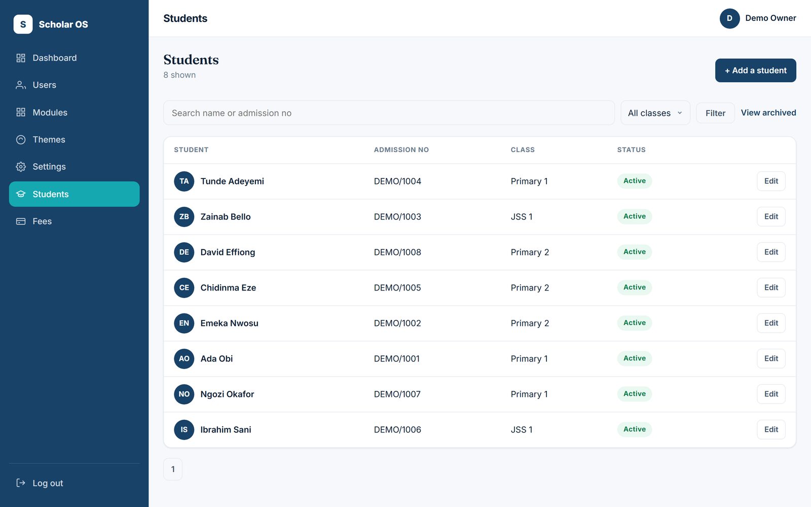 Student records in a live school portal with search and class filters