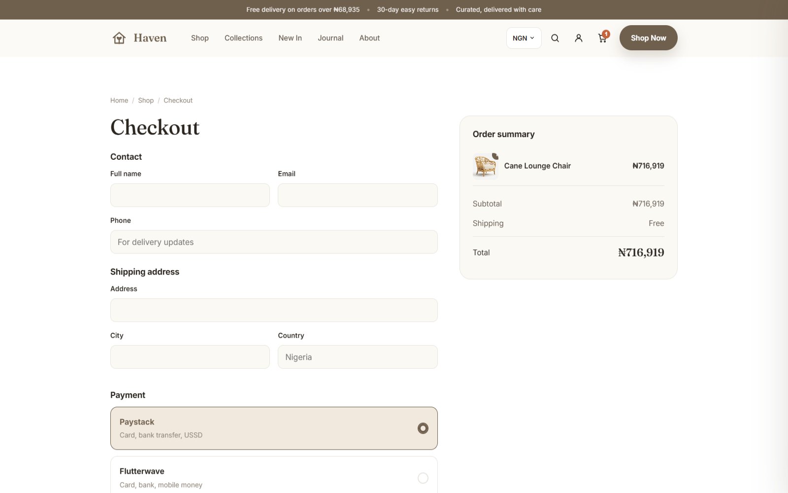The checkout of a live store with delivery details and card payment